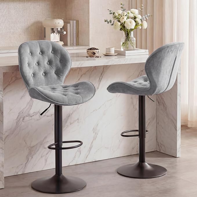 GRUSIGN Bar Stools Set of 2, Modern Swivel Adjustable Bar Chairs, Chenille Fabric Upholstered Counter Height Bar Stools with Backrest, Comfort Barstools for Kitchen Island, Home Bar, Grey