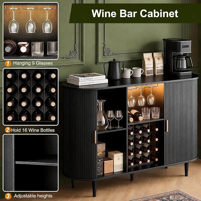 DHH 55" Wine Bar Cabinet with Storage, Fluted Liquor & Coffee Bar Cabinet with Wine Rack and Glass Holder, Buffet Sideboard with LED Lights for Home Kitchen Living Dining Room(Black)