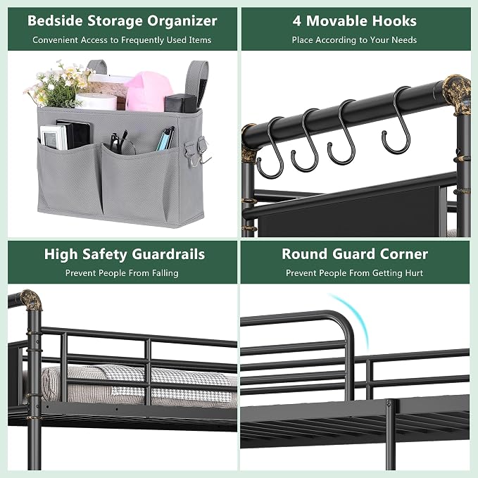 Jocoevol Metal LED Bunk Bed Twin Over Twin with 2 Storage Drawers, USB Charging Station, Industrial Bunkbeds Heavy Duty Bed with Safety Guardrail and Ladder, No Box Spring Needed, Black