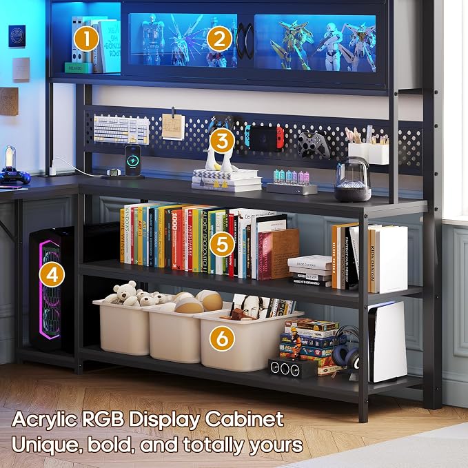 ADORNEVE Gaming Loft Bed Full Size with Desk, Arcylic RGB Hutch, Black