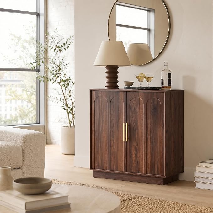 FORTUNETEC 31.5" Wine Bar Cabinet, Mid Century Modern Sideboard, Walnut