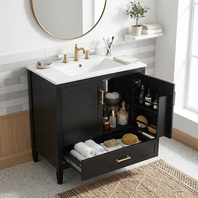 Merax 30" Bathroom Vanity with Undermount Ceramic Sink, Cabinet with Two Door Rack Shelves and One Drawer, Soft Closing Doors, Black