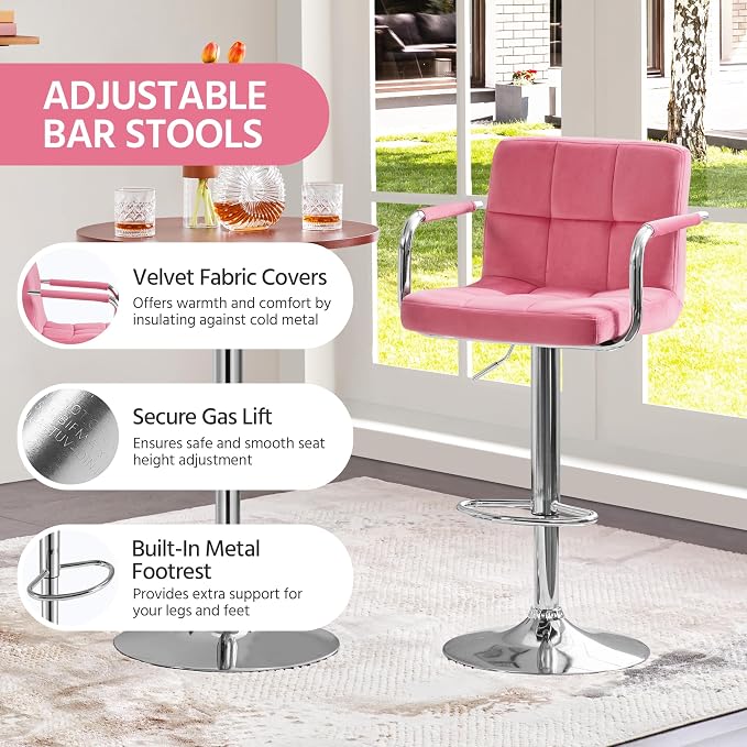 Yaheetech Bar Stools Set of 4, Swivel with Backs, Adjustable Height, Pink