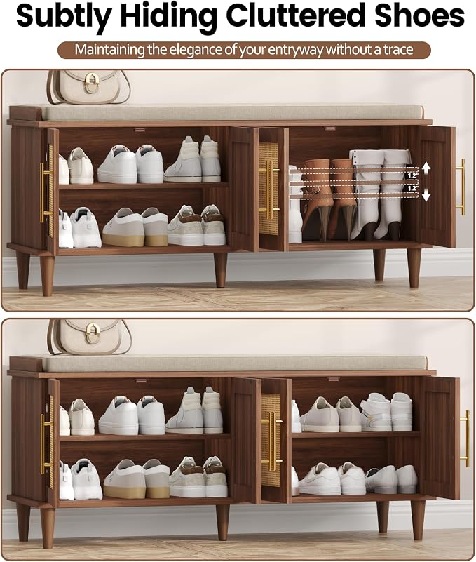 Akxomel 47.2" Rattan Shoe Storage Bench 4 Doors Entryway Bench Walnut