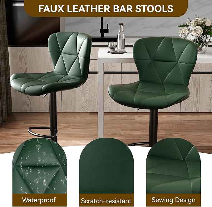 Nalupatio Modern Bar Stools Set of 4, Adjustable Faux Leather Upholstered Swivel Bar Stools, Counter Bar Chairs with Back for Kitchen Island, Green