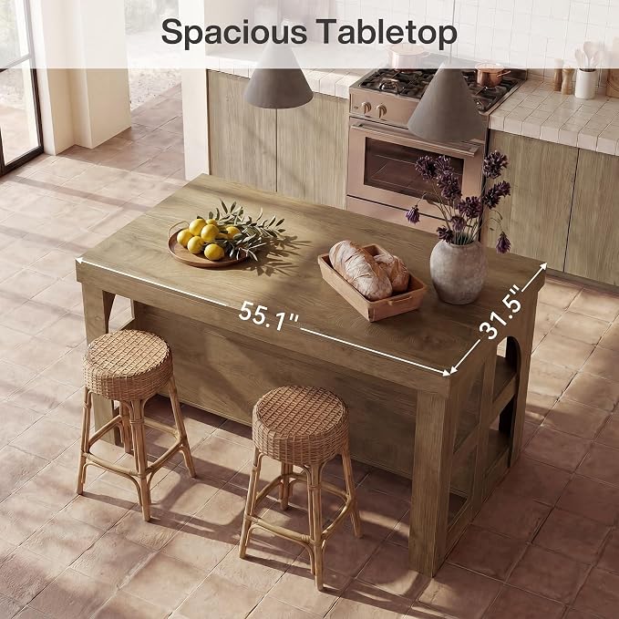 LITTLE TREE Kitchen Island with Storage, 55-Inch Large Stationary Center Island with Seating Space & 3 Shelves, Farmhouse Wooden Bar Table for Kitchen, Rustic Brown