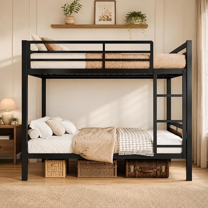Feonase Metal Bunk Bed Full Over Full with Ladder and High Guardrail, Heavy-Duty Metal Slats Support, Noise Free, No Box Spring Needed, for Kids and Juniors, Vintage