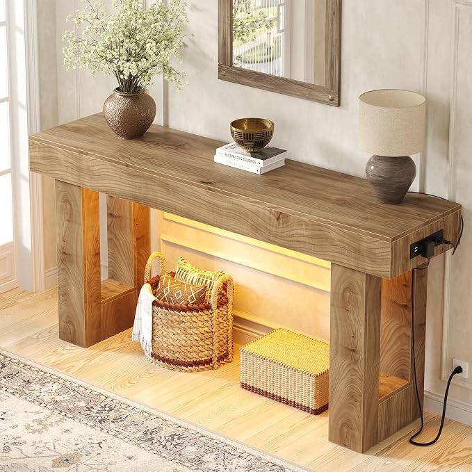 Unikito 63" Console Table with Sensor Light and Oulets, Natural Oak