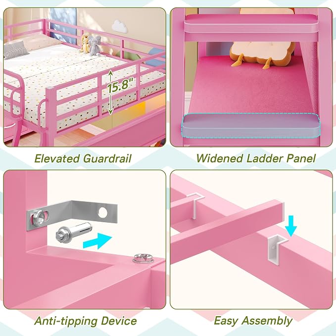 Dnxao Low Loft Bed Full Size with Desk and 9 Storage Drawers for Girls,Pink