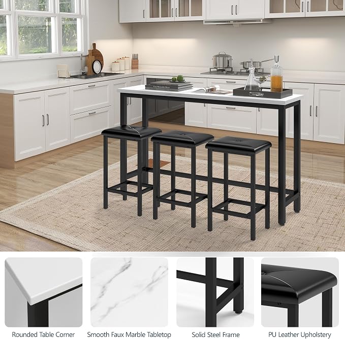HUGROVE 4-Piece Bar Table and Chairs Set with 3 PU Upholstered Bar Stools, 60.2" Faux Marble Table Top, Modern Counter Height Table for Kitchen, Living Room, Party Room, Small Space, Pub (Black)