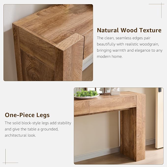 OKD 63" Console Table with Drawers, Thick Block Entryway Table, Light Oak
