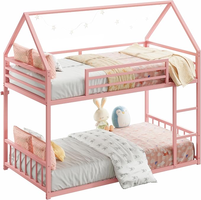 LIKIMIO Bunk Bed Twin Over Twin, House Bunk Bed Frame with Ladder, Pink
