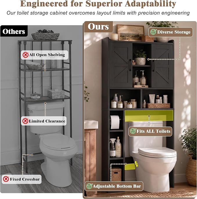 Farmhouse Over The Toilet Storage Cabinet with Barn Door, Reversible Side | 7-Tier Bathroom Organizer, Adjustable Shelves Bottom Bar, Detachable Paper Holder, Anti-Tipping, Laundry Room, Black