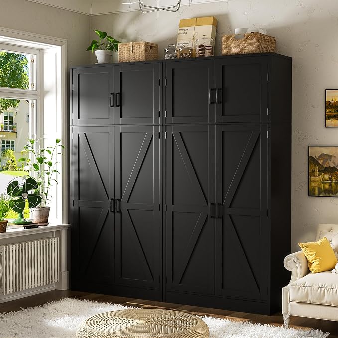 Unikito 71” Tall Kitchen Pantry Storage Cabinet with Adjustable Shelves | Large Farmhouse Storage Cupboard, Barn Doors, Sturdy and Deep, Versatile for Dinning Room, Living Room, Bathroom, Black