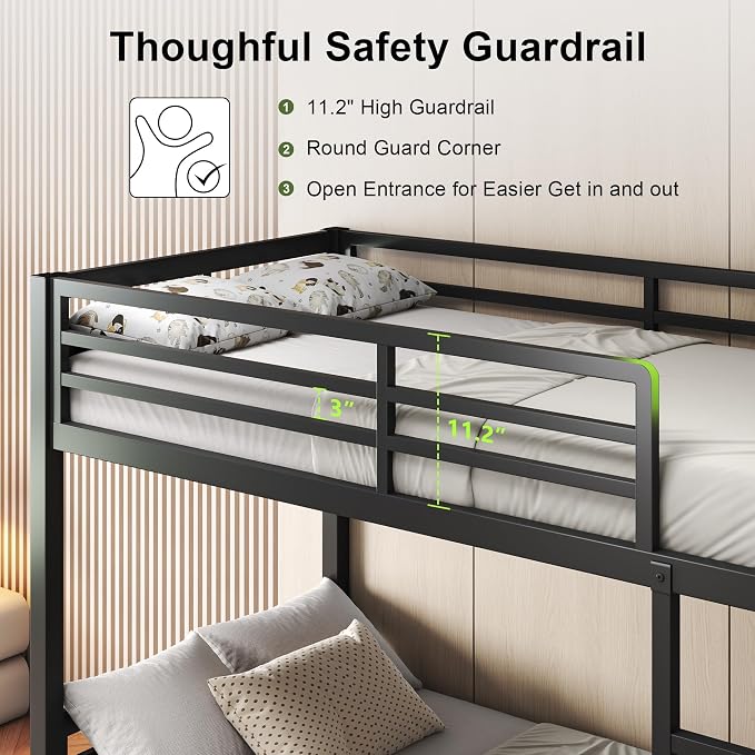 Feonase Metal Twin Over Twin Bunk Bed with Ladder and High Guardrail, Heavy-Duty Metal Slats Support, Noise Free, No Box Spring Needed, for Kids and Juniors, Black