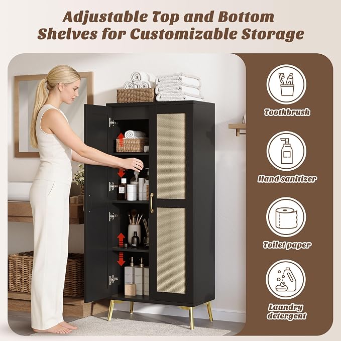 JASIWAY Tall Bathroom Storage Cabinet 57" Rattan Pantry Cabinet, Black | With Doors and Adjustable Shelves, Freestanding Linen Closet & Wardrobe for Bathroom Laundry Bedroom, Anti-Tipping Device