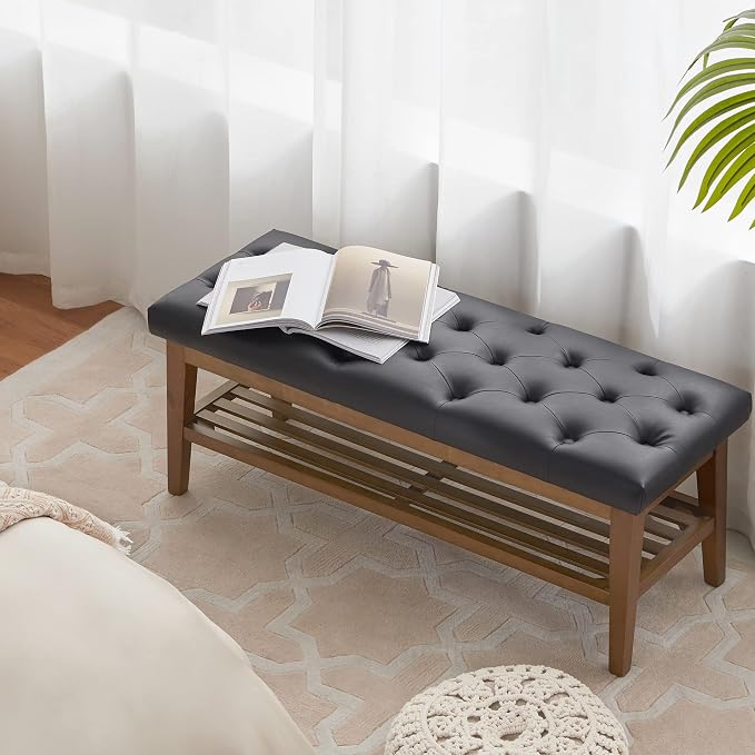 HUIMO PU Leather Entryway Shoe Bench, Button Tufted End of Bed Bench,Black