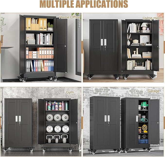 47" Metal Garage Storage Locker Cabinet with Wheels,Rolling Black Kitchen Pantry Cabinet with 2 Doors and 3 Adjustable Shelves, Steel File Tool Cabinet for Home Office Living Dinning Room Warehouse
