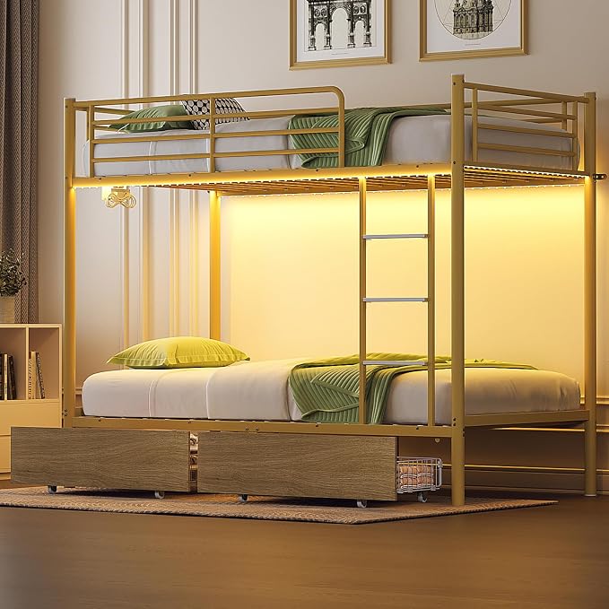 Bonnlo Metal Bunk Bed Frame Twin Over Twin with 2 Drawers, LED Lights, Safety Guardrail & Ladder, Charging Station, for Kids, Teens & Adults, Space-Saving, No Box Spring Needed, Gold