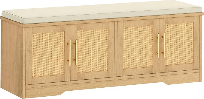 Rattan Shoe Storage Bench, 47.2" Wide Entryway Bench, Natural Oak