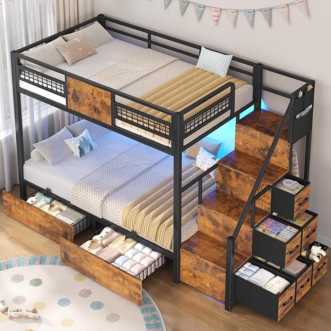 BTHFST Bunk Bed Twin Over Twin with Stairs, Storage Drawers and LED Lights