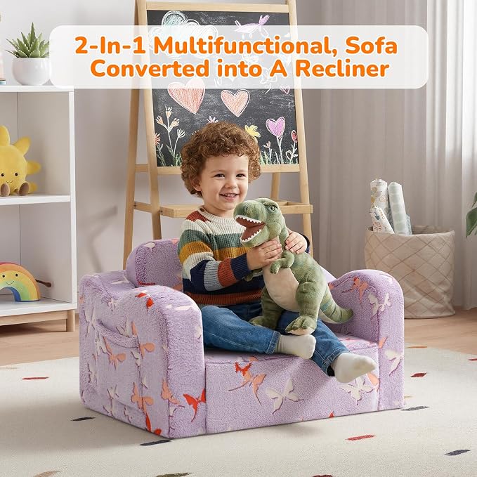 MeMoreCool Kids Couch, Glow Dark Butterfly Fold Out Sofa, Girls, Lavender