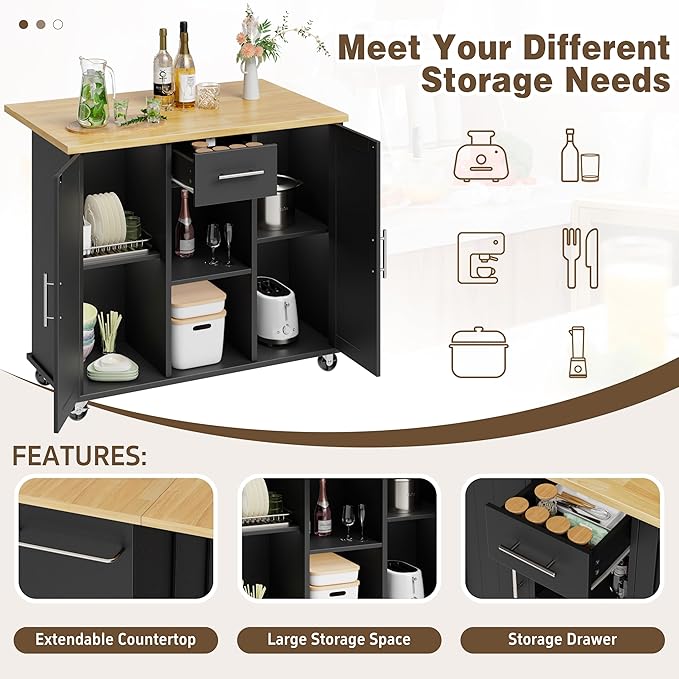 Shintenchi Kitchen Island with Storage, Bar Cart Cabinet Island Table on Wheels, Rolling Microwave Cart for Kitchen with Drop Leaf, Drawers, Towel Rack, Seating Area for Dining Room, Black