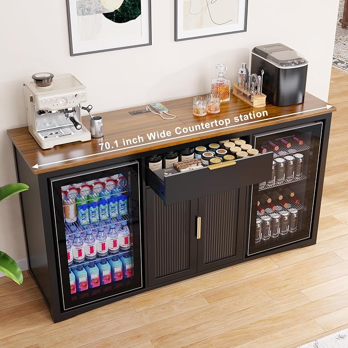 GDLF 70.1" Coffee Bar Cabinet with Fridge Space, Fluted Sideboard,Black