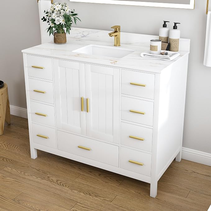 Montary 42" Bathroom Vanity with Sink & 43" Carrara Sintered Stone Top | with 1 Pre-Drilled Faucet Holes, Solid Wood Cabinet, Soft-Close Double Doors & 9 Smooth-Glide Drawers,White
