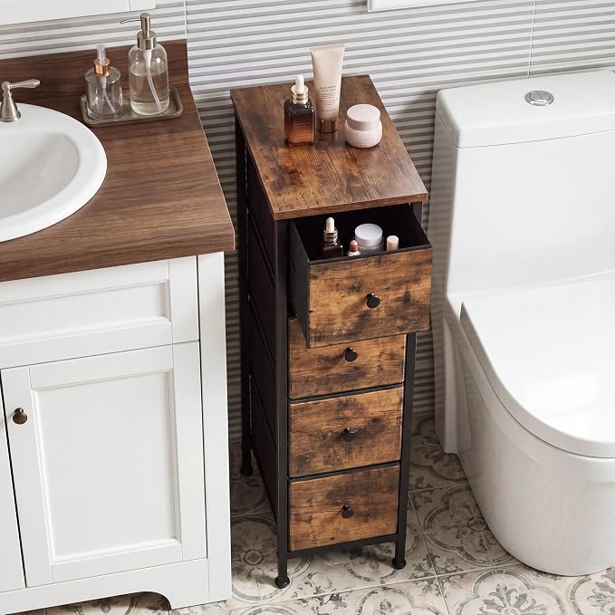 Fixwal Narrow Storage Cabinet, Slim Dresser with 4 Drawers, Rustic Brown | 9.5in width, sturdy & stable structure, solid steel frame, wooden top, suitable for bedroom, bathroom & laundry room