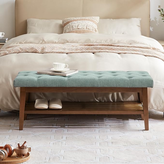 HUIMO Upholstered Entryway Shoe Bench, Button Tufted End of Bed Bench, Teal