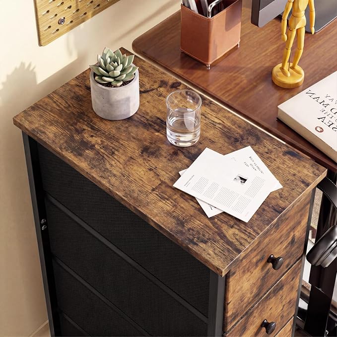 Fixwal Narrow Storage Cabinet, Slim Dresser with 4 Drawers, Rustic Brown | 9.5in width, sturdy & stable structure, solid steel frame, wooden top, suitable for bedroom, bathroom & laundry room