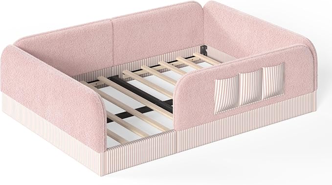 Bellemave Queen Upholstered Montessori Floor Bed with Storage Pocket,Pink