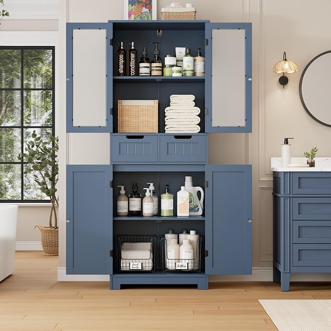 HORSTORS 67" H Bathroom Storage Cabinet, Blue Linen Cabinet with Drawers | Freestanding Bathroom Cabinet with Glass Door & Shelf, Modern Tall Storage Cabinet for Bathroom, Living Dining Room, Kitchen