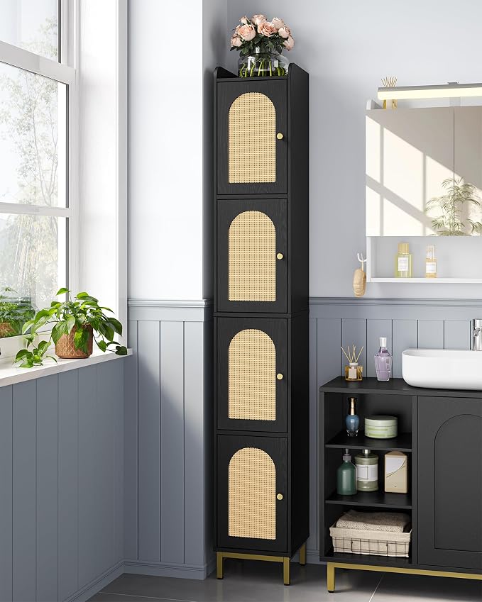 Hzuaneri 4-Tier Narrow Tall Storage Cabinet | Slim Bathroom Storage Cabinet with 4 Adjustable Feet and Shelves,for Living Room,Laundry Room,Rattan Black,11"Dx11"Wx70.9"H