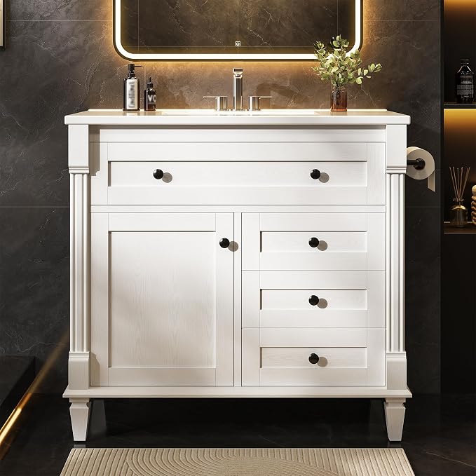 LIKIMIO 36 Inch Bathroom Vanity with Sink, Adjustable Solid Wood Legs | Modern Bathroom Storage Cabinet with Towel Holder, Tip-Out Drawer, 2 Drawers & Adjustable Shelf, Nature