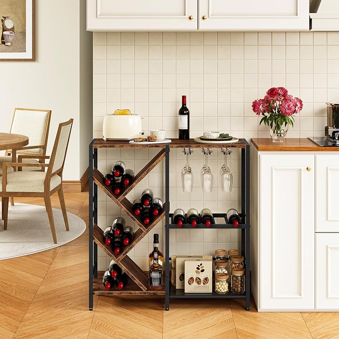 HOOBRO Liquor Bar Cabinet, Modern Liquor Cabinet with Wine Rack & Glass Holder, Liquor Bar Cabinet with Power Outlet, Mini Bar Table for Home Bar, Rustic Brown and Black BF36JJ01