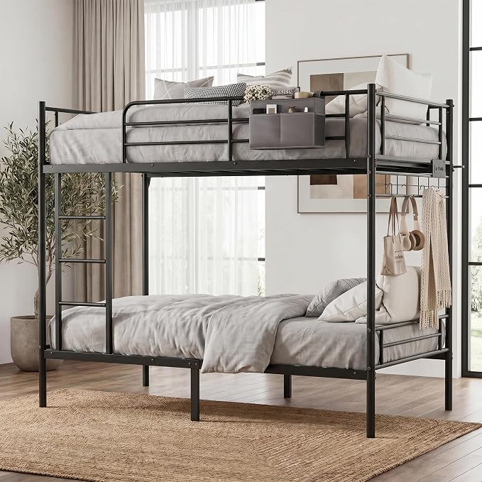 Bunk Bed,Bunk Bed Twin Over Twin with Power Outlet and LED Lights,Black