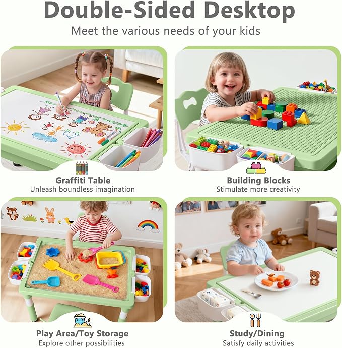 Kinder King Kids Table & 2 Chairs Set, Adjustable Heights, Storage, Green