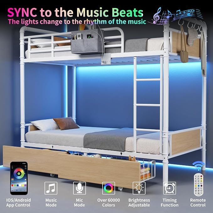 Jocoevol Metal LED Bunk Bed Twin Over Twin with 2 Storage Drawers, USB Charging Station, Industrial Bunkbeds Heavy Duty Bed with Safety Guardrail and Ladder, No Box Spring Needed, White