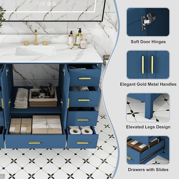 Montary 48" Bathroom Vanity with Sink & 49" Carrara Quartz Top | with 3 Pre-Drilled Faucet Holes, Solid Wood Cabinet, Soft-Close Double Doors & 9 Smooth-Glide Drawers,Blue