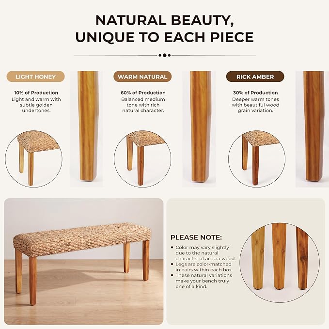 Indoor Wicker Bench 47" Solid Wood Acacia & Natural Woven Seat, Natural Leg