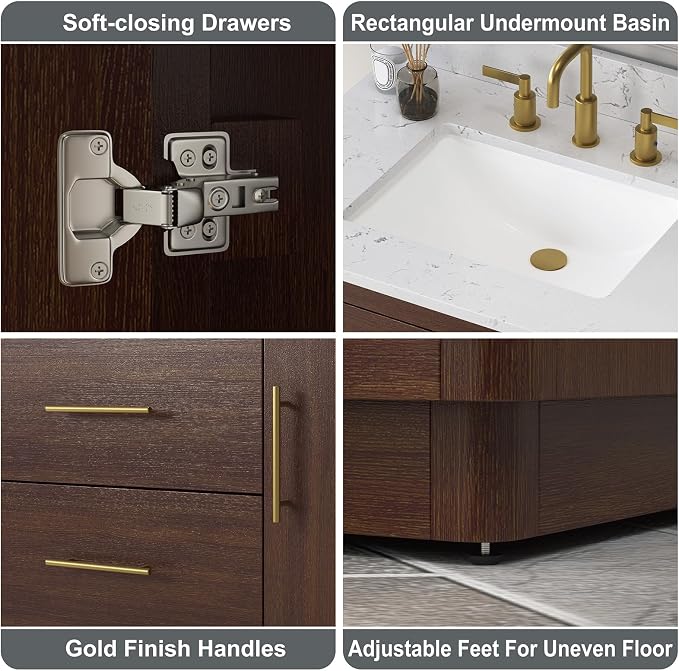48 Inch Bathroom Vanity with Sink, Fully-Assembled, Warm Elm | Solid Wood Frame, Carrara Engineered Stone Top and Backsplash, Ceramic Sink, Soft-Close Doors and 3 Full-Extension Drawers