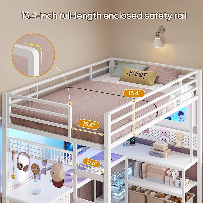 ADORNEVE Gaming Loft Bed Twin with Desk & RGB Arcylic Hutch, White