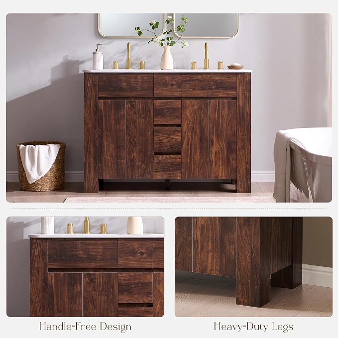 T4TREAM 48 Inch Modern Bathroom Vanity with Double Sink, Dark Walnut | Integrated Resin Sink, 4 Soft-Close Doors & 3 Drawers, Handle-Free Design, Thick Heavy-Duty Legs, Walnut Grain Finish