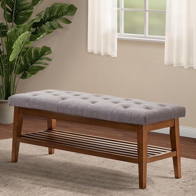HUIMO Upholstered Entryway Shoe Bench, Button Tufted End of Bed Bench, Grey