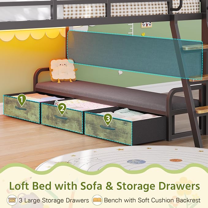 Dnxao Full Size Low Loft Bed with Desk and 9 Storage Drawers, Rustic Brown