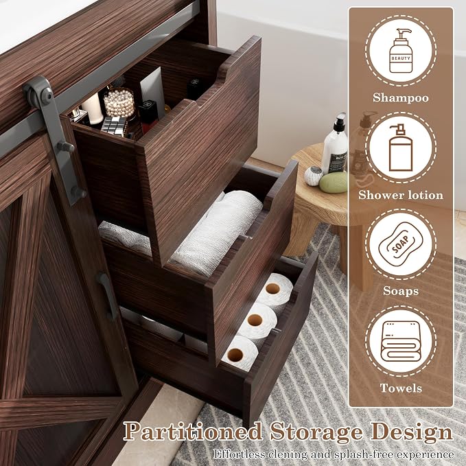 chartustriable 36 Inch Bathroom Vanity with Sink & Faucet & Mirror, Farmhouse Bathroom Vanity Cabinet Set with Sliding Barn Door & Drawers, Small Single Bath Storage Vanity Sink, Brown