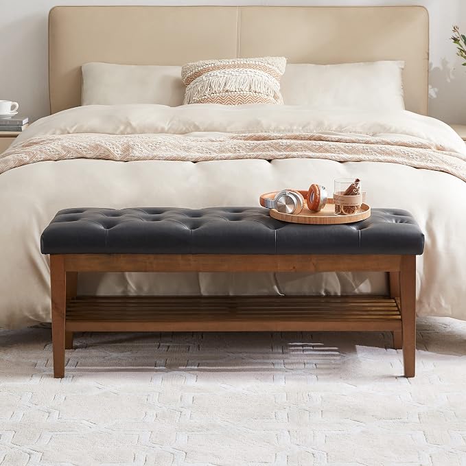 HUIMO PU Leather Entryway Shoe Bench, Button Tufted End of Bed Bench,Black