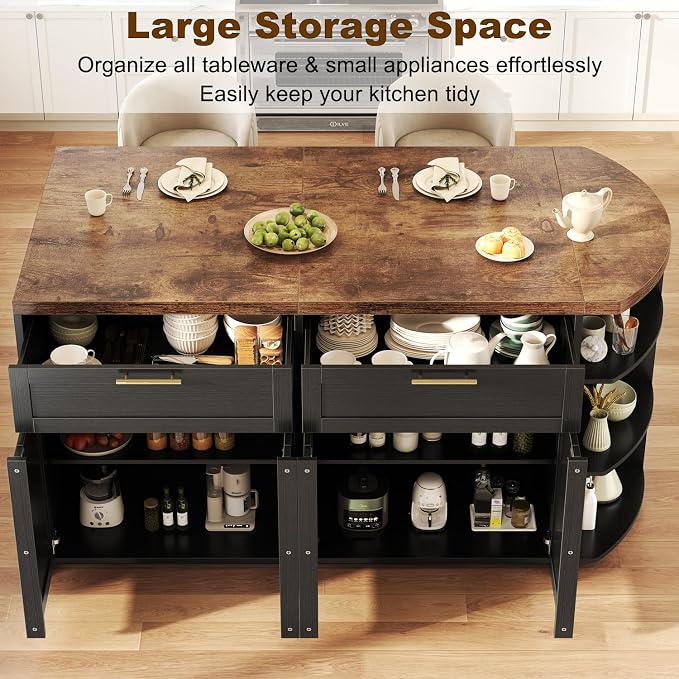 HSH 63 Inch Large Kitchen Island with Storage and Seating, Rustic Brown